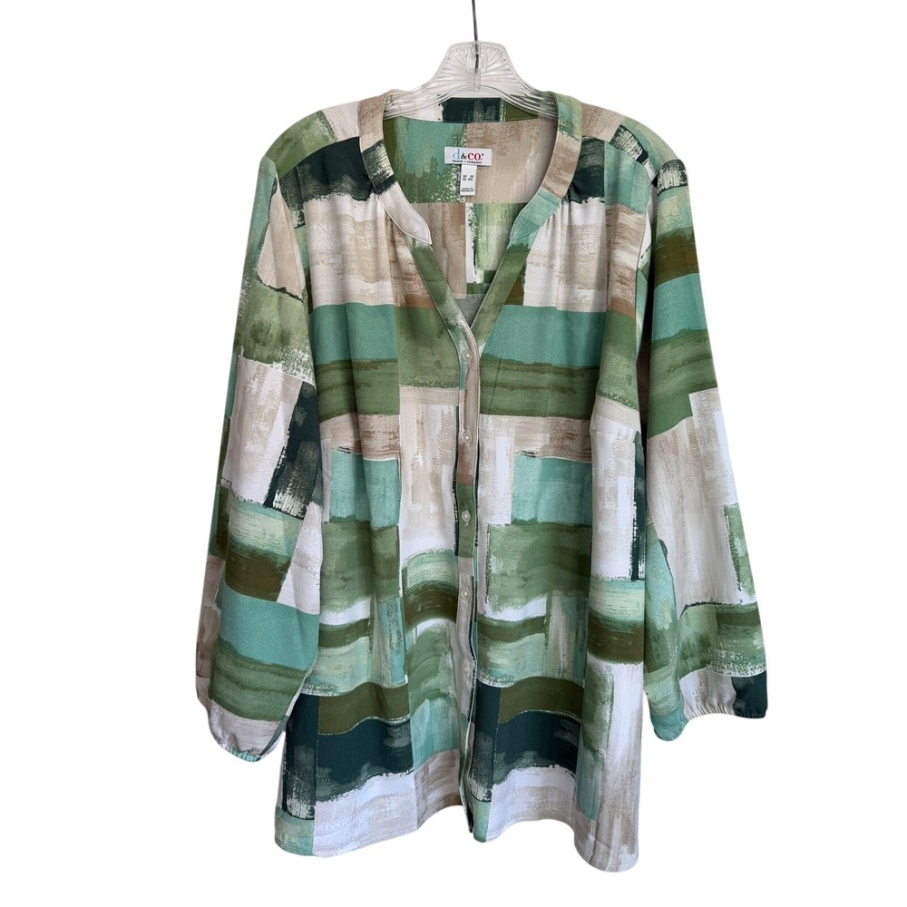 Denim‎ & Co Green Abstract Geometric Print Button Front Blouse 3XL 3/4 Sleeve